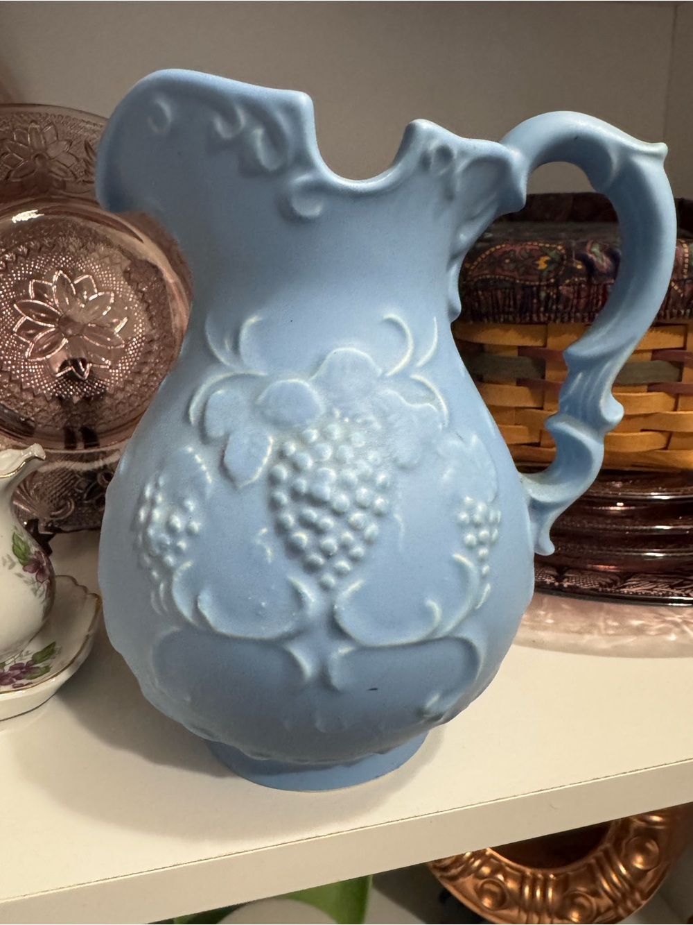 Matte Blue Decorative Pitcher with Grape Relief - Home Art